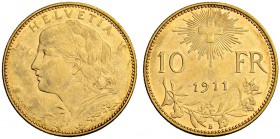SCHWEIZ - EIDGENOSSENSCHAFT
10 Franken 1911 B, Bern. 3.21 g. Divo 273. HMZ 2-1196a. Fr. 503. Gutes sehr schön / Good very fine. (~€ 130/~US$ 160)