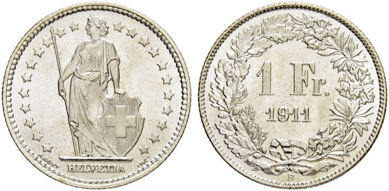 SCHWEIZ - EIDGENOSSENSCHAFT
1 Franken 1911 B, Bern. 4.98 g. Divo 275. HMZ 2-120...