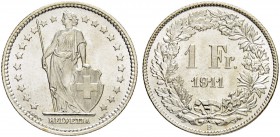 SCHWEIZ - EIDGENOSSENSCHAFT
1 Franken 1911 B, Bern. 4.98 g. Divo 275. HMZ 2-1204u. FDC / Uncirculated. (~€ 45/~US$ 55)