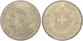 SCHWEIZ - EIDGENOSSENSCHAFT
5 Franken 1912 B, Bern. 24.98 g. Divo 282. HMZ 2-1198n. Sehr selten in dieser Erhaltung / Very rare in this condition. Pr...