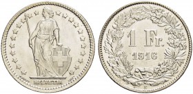 SCHWEIZ - EIDGENOSSENSCHAFT
1 Franken 1916 B, Bern. 4.98 g. Divo 319. HMZ 2-1204y. FDC / Uncirculated. (~€ 45/~US$ 55)