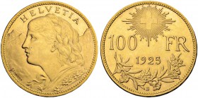 SCHWEIZ - EIDGENOSSENSCHAFT
100 Franken 1925 B, Bern. 32.28 g. Divo 359. HMZ 2-1193a. Fr. 502. FDC / Uncirculated. (~€ 14955/~US$ 18420)