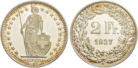 SCHWEIZ - EIDGENOSSENSCHAFT
2 Franken 1937 B, Bern. 9.99 g. Divo 443. HMZ 2-1202cc. Kabinettstück / cabinet piece. Perfekte polierte Platte. FDC / Ch...