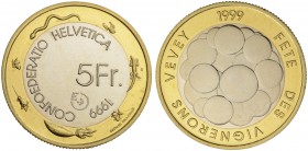 SCHWEIZ - EIDGENOSSENSCHAFT
Proben. 5 Franken 1999 B, Bern. Fête des vignerons. 14.93 g. HMZ 2-1223cc. Selten / Rare. FDC / Uncirculated. (~€ 85/~US$...