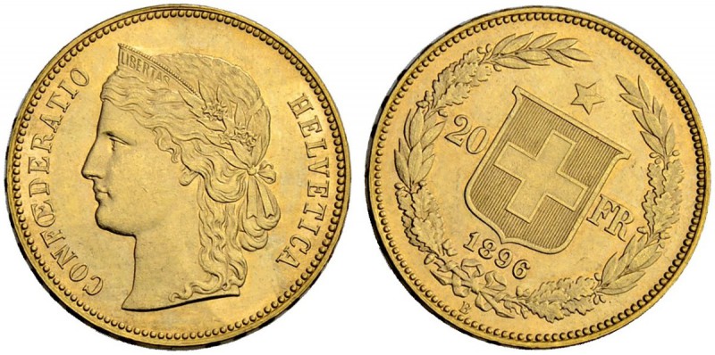 SCHWEIZ - EIDGENOSSENSCHAFT
Fehlprägungen. 20 Franken 1896 B, Bern. 13 Sterne ü...