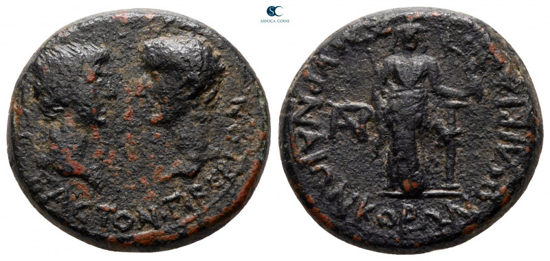 Ionia. Smyrna. Augustus with Tiberius, as Caesar 27 BC-AD 14. Koronos, magistrat...