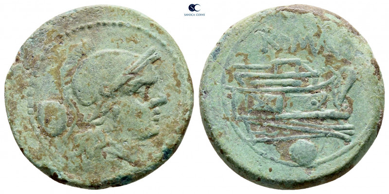 Anonymous after 211 BC. Rome
Uncia Æ

21 mm, 5,73 g

 Helmeted head of Roma...