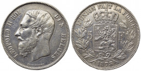 BELGIO. Leopoldo II (1865-1909). 5 Francs 1873. Ag. KM#24. BB