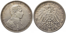 GERMANIA - PRUSSIA - Guglielmo II (1888-1918) - 3 Marchi - 1914 A - Ag. Kr. 536. qSPL/BB