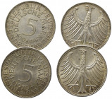 GERMANIA. (1871 - 1922) Lotto di due monete. 5 marchi 1969 G (Karlsruhe) e 5 marchi 1970 G (Karlsruhe). Ag. SPL
