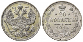 RUSSIA. Imperatore Nicola II (1894-1917). 20 copechi 1914. Ag. Y#22a. SPL