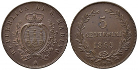 SAN MARINO. Vecchia monetazione (1864-1938) 5 centesimi 1869 (g. 5,08). KM 1; Pag. 378; Gig. 38. Cu. SPL