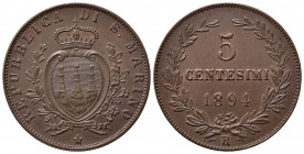 SAN MARINO. Vecchia monetazione (1864-1938) 5 centesimi 1894. KM 1; Gig. 39. Cu.SPL