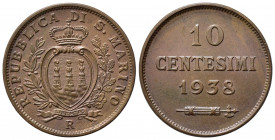 SAN MARINO. Vecchia monetazione (1864-1938) 10 centesimi 1938. Gig. 36; Pag. 376. Cu. SPL