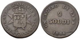 FIRENZE. Carlo Ludovico di Borbone (1803-1807). Regno d'Etruria. 2 soldi da 1/10 di lira 1804. Cu (4,08 g). Gig. 19. MB