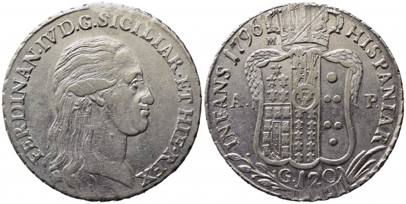 NAPOLI. Ferdinando IV di Borbone (1759-1816). Piastra da 120 grana 1796. Ag. Mag...