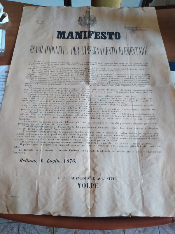 MANIFESTO Belluno 6 Luglio 1876 Esami di idoneità per l'insegnamento elementare....