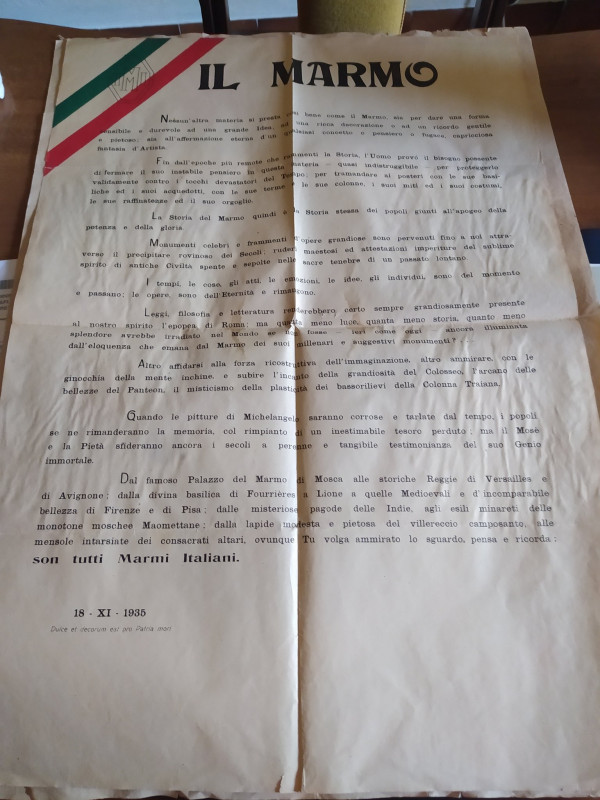 MANIFESTO 18-XI-1935 IL MARMO con segni del tempo, strappetti