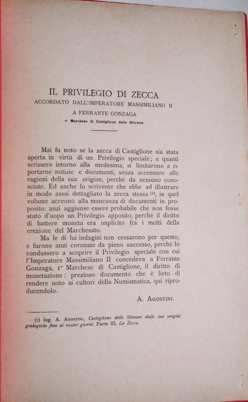 AGOSTINI A. – Il privilegio di zecca accordato dall’imperatore Massimiliano II a...