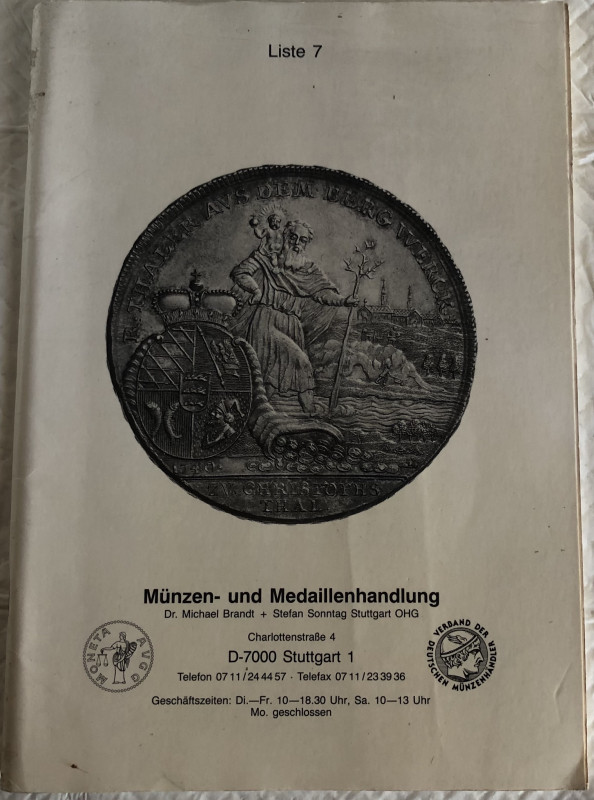 Brandt M. Liste 7 Munzen- und Medaillenhandlung. Brossura ed. lotti 1020, tavv. ...