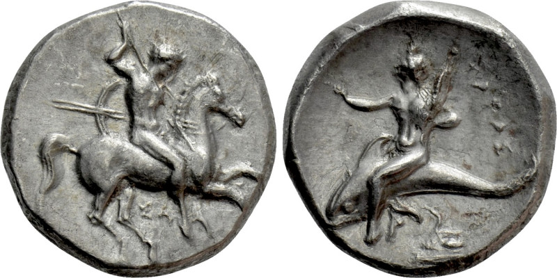 CALABRIA. Tarentum. Nomos (Circa 332-302 BC). 

Obv: Warrior, holding shield a...