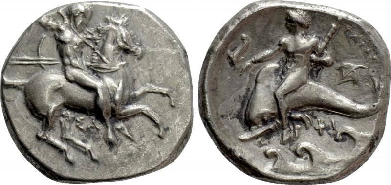 CALABRIA. Tarentum. Nomos (Circa 332-302 BC). 

Obv: Obv: Warrior, holding shi...