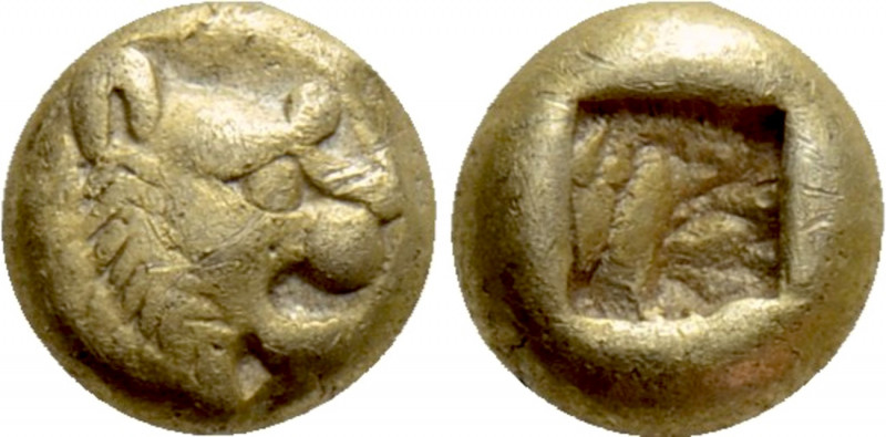 KINGS OF LYDIA. Alyattes (Circa 610-560 BC). EL Hemihekte. Sardeis.

Obv: Head...