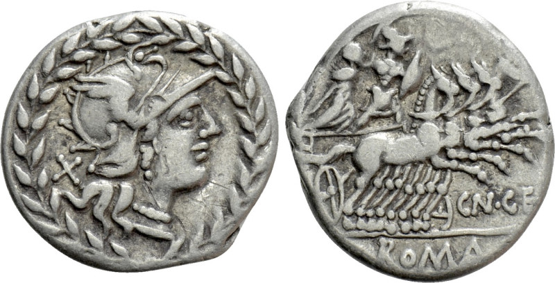 CN. GELLIUS. Denarius (138 BC). Rome. 

Obv: Helmeted head of Roma right, X (m...