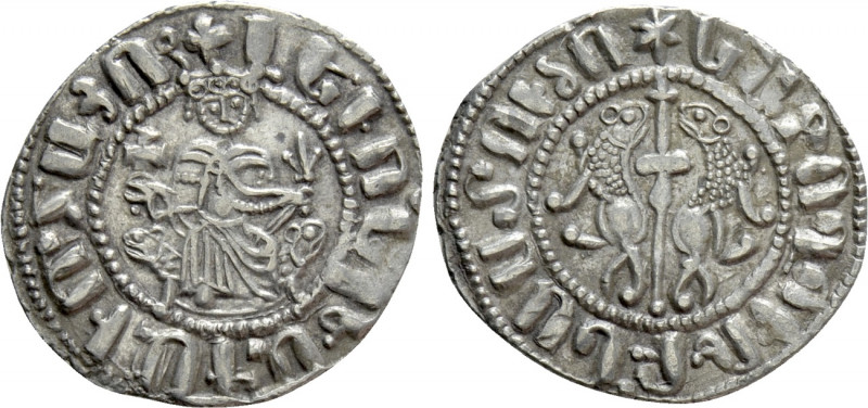 ARMENIA. Levon I (1198-1219). Tram. 

Obv: Crowned figure of Levon seated on t...