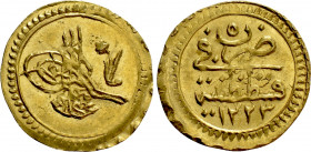 OTTOMAN EMPIRE. Mahmud II (AH 1223-1255 / 1808-1839 AD). GOLD 1/4 Zeri Mahbub. Qustantiniya (Constantinople). Dated AH 1223/5