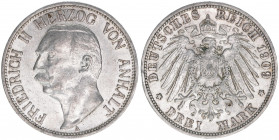 Friedrich II. 1904-1918
Anhalt. 3 Mark, 1909 A. 16,62g
J.23
vz