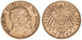 Friedrich I. 1856-1907
Baden. 10 Mark, 1905 G. 3,96g
J.190
ss/vz