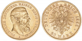 Friedrich III. 1888
Preussen. 20 Mark, 1888 A. Gold
7,96g
J.248
vz