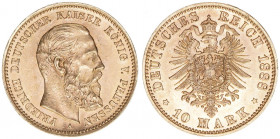Friedrich III. 1888
Preussen. 10 Mark, 1888 A. Gold
4,00g
J.247
stfr-