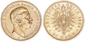 Wilhelm II. 1888-1918
Preussen. 20 Mark, 1889 A. Gold
7,98g
J.250
vz