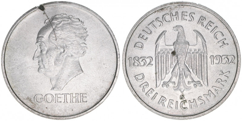 3 Reichsmark, 1932 D
Deutsches Reich. zum 100. Todestag Goethes. 15,00g
J.350
gr...