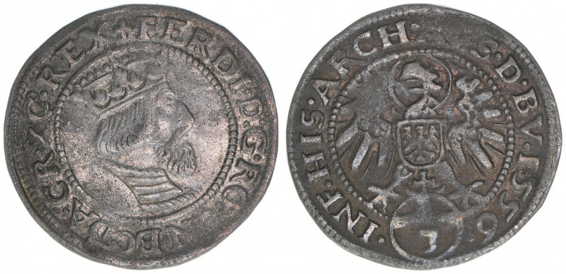Ferdinand I. 1521-1564
3 Kreuzer, 1556. selten
Hall
2,58g
MT132
ss/vz