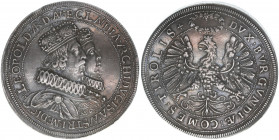 Erzherzog Leopold V. 1618-1632
Doppeltaler Medici, ohne Jahr. aus Anlass der Vermählung - schmale Bügelkrone
Hall
57,07g
ss/vz