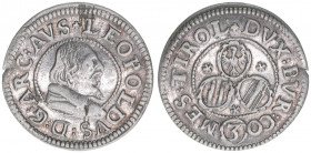 Erzherzog Leopold V. 1619-1638
3 Kreuzer, ohne Jahr. Hall
1,70g
MT449var
ss/vz