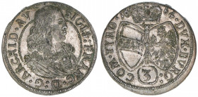 Erzherzog Sigismund Franz 1663-1665
3 Kreuzer, 1664. Hall
1,56g
stfr-