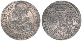 Erzherzog Sigismund Franz 1663-1665
3 Kreuzer, 1665. Hall
1,24g
MT 536
vz-