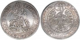 Leopold I. 1658-1705
Doppeltaler, ohne Jahr. älteres Portrait, Löwenkopftyp mit Fransen
Hall
57,761g
Herinek 573
ss/vz