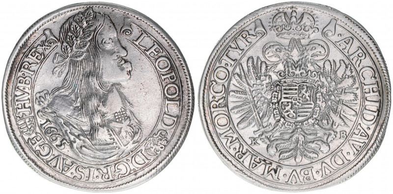 Leopold I. 1657-1705
1/2 Taler, 1665 KB. Banderole - sehr selten
Kremnitz
14,05g...