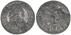 Leopold I. 1657-1705
3 Kreuzer, 1667. Löwenkopfschulter
Hall
1,34g
MT719
ss/vz
