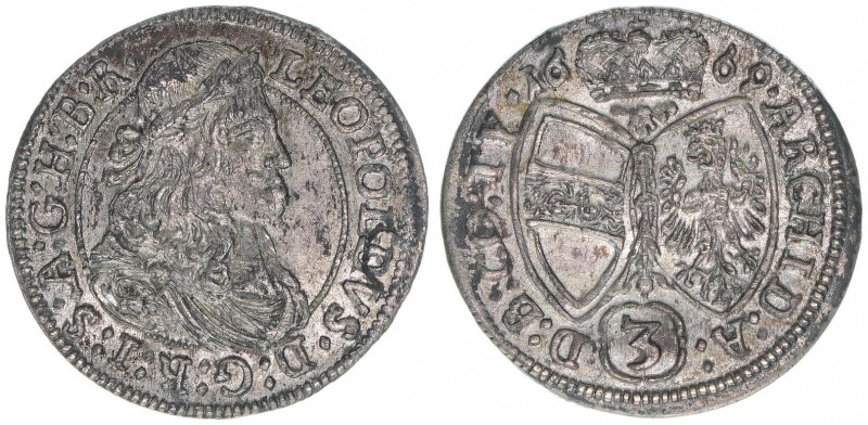 Leopold I. 1657-1705
3 Kreuzer, 1669. Löwenkopfschulter
Hall
1,54g
MT721
vz-