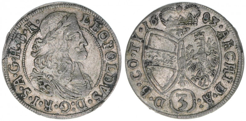 Leopold I. 1657-1705
3 Kreuzer, 1683. Löwenkopfschulter
Hall
1,64g
MT736
ss/vz