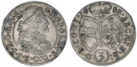 Leopold I. 1657-1705
3 Kreuzer, 1683. Löwenkopfschulter
Hall
1,64g
MT736
ss/vz