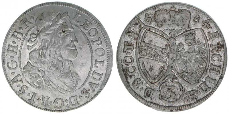 Leopold I. 1657-1705
3 Kreuzer, 1684. Löwenkopfschulter
Hall
1,48g
MT737
vz-