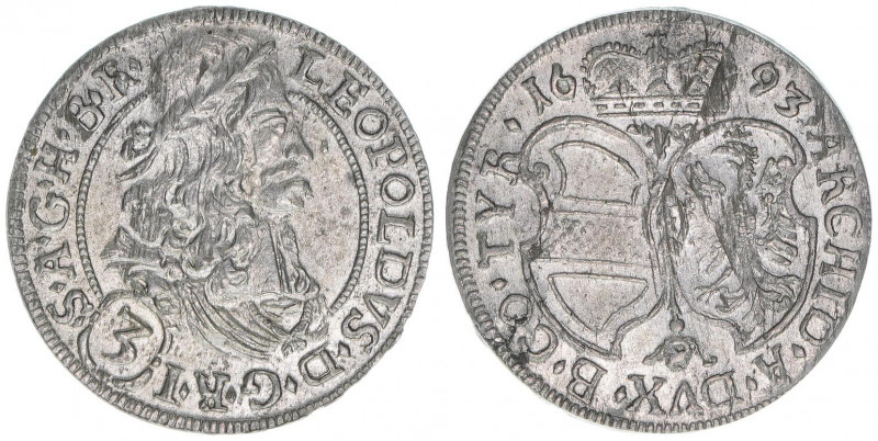 Leopold I. 1657-1705
3 Kreuzer, 1693. Löwenkopfschulter
Hall
1,44g
MT787
vz/stfr...