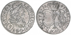 Leopold I. 1657-1705
3 Kreuzer, 1693. Löwenkopfschulter
Hall
1,44g
MT787
vz/stfr